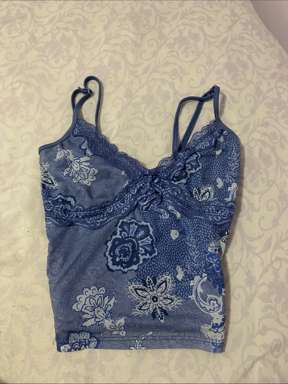 Blue Floral Lace-Trim Camisole Tank with Adjustable Straps